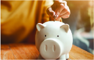 Piggy bank with someone adding a coin.