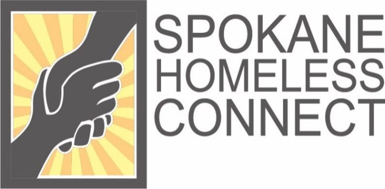 Logo for Spokane Homeless Connect. Two hands grasping with a yellow background.
