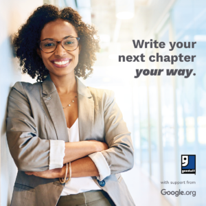 An ethnic woman is standing and leaning against a wall, arms folded and smiling at the camera. The words "Write your next chapter your way" is to the right of her face.