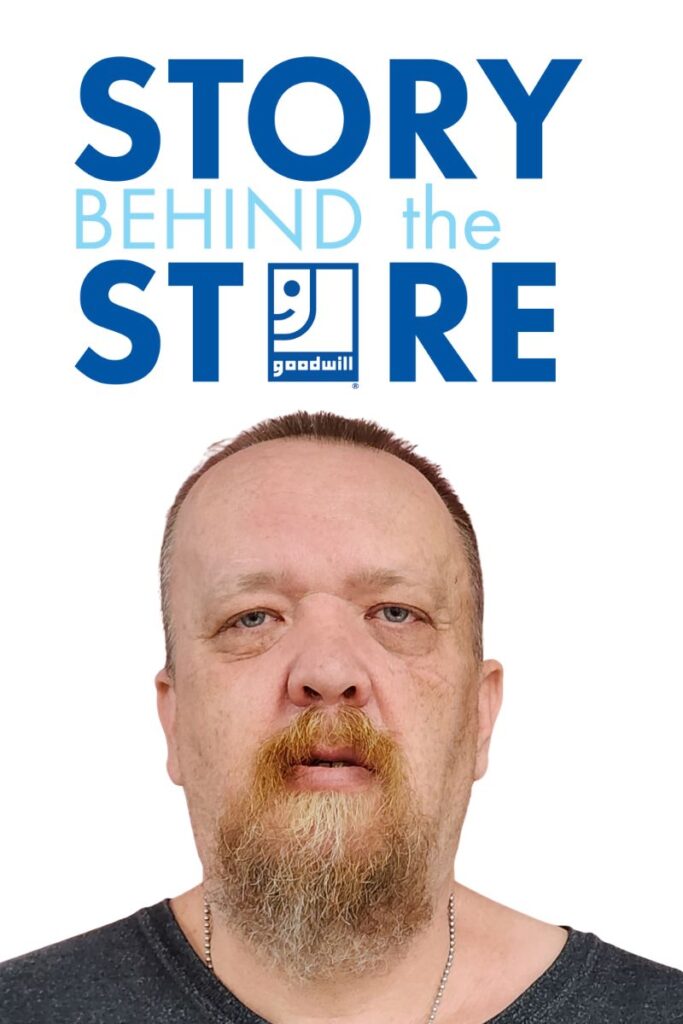 The words "story behind the store" appear in variations of dark and light blue above an image of a man with facial hair, looking at the camera.