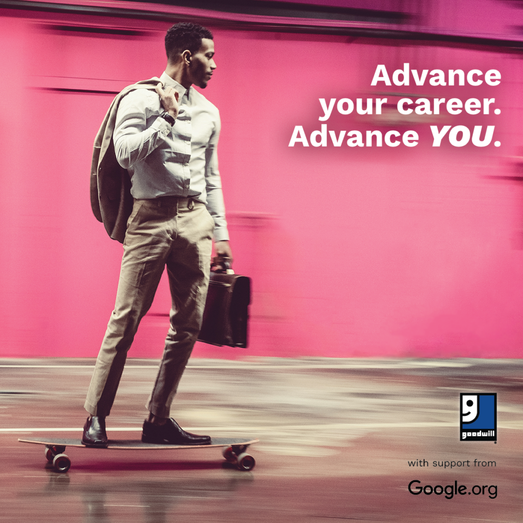 A man wearing a business suit is holding his jacket over his shoulder and a briefcase in one hand while riding on a skateboard. He is passing a pink pained exterior wall. The words "Advance your career, advance you." are displayed to the right.