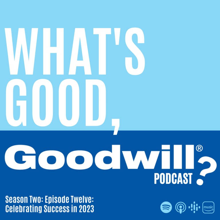 Two tone blue artwork with the words "What's Good, Goodwill? Podcast" Season two, episode twelve: celebrating success in 2023 written in white.