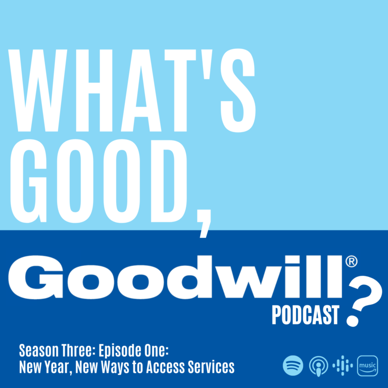 Two tone blue artwork with the words "What's Good, Goodwill? Podcast" Season three, episode one: New year, new ways to access services written in white.