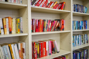 Image of a bookshelves with books of the same color in each section. 